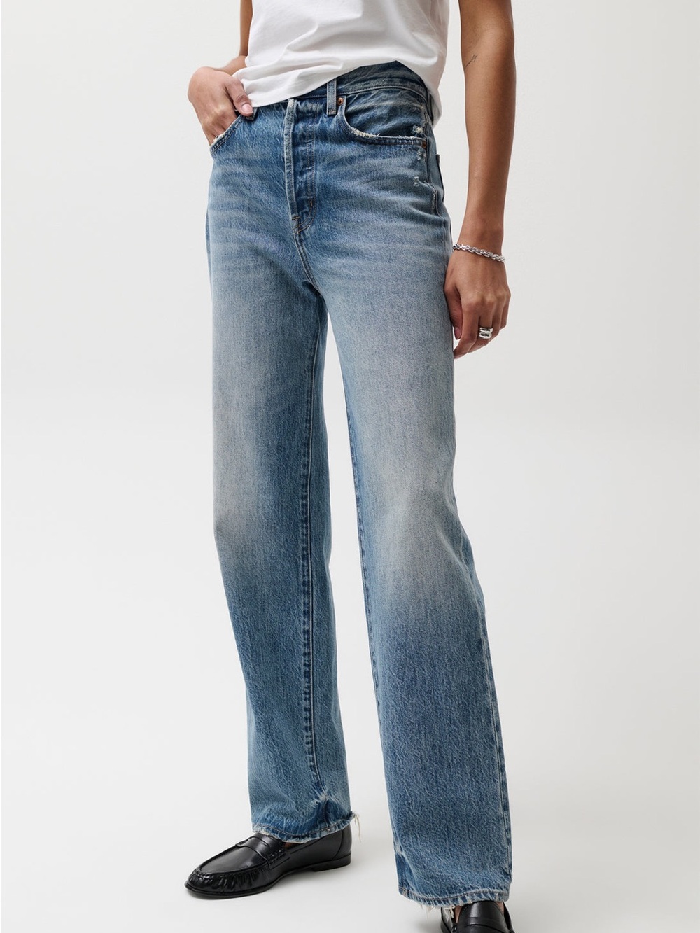PISTOLA High Rise Straight Leg Jeans Distressed Frayed Hem Size 24